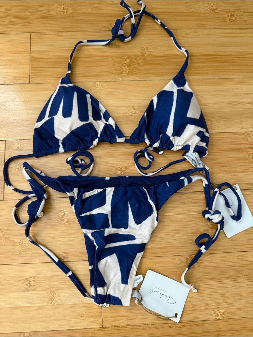 Abstract Blue & White Triangle String Bikini - Women's Swim
